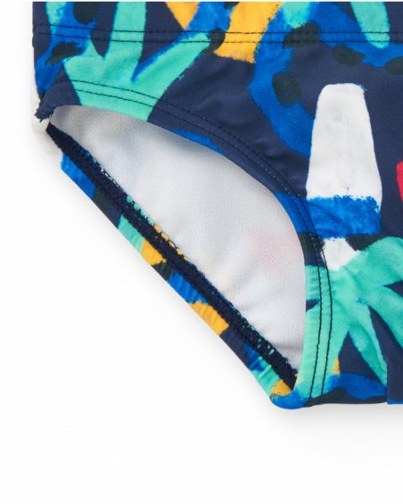 Blue swim briefs for boys with tropical print