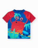 Blue swim T-shirt for boys with red sleeves and crab design