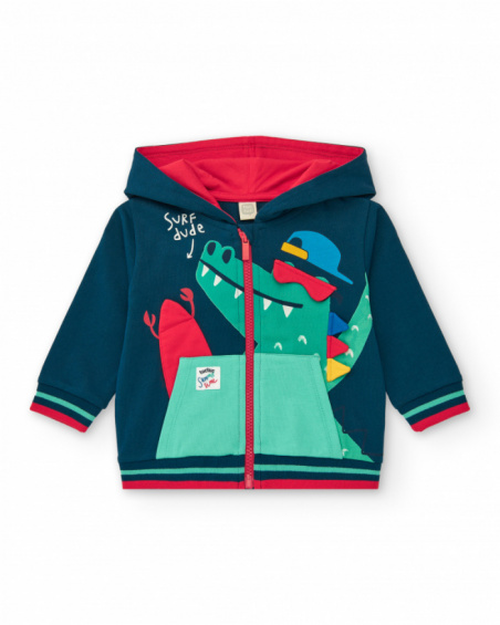 Navy blue fleece jacket for boys with red hood and crocodile print