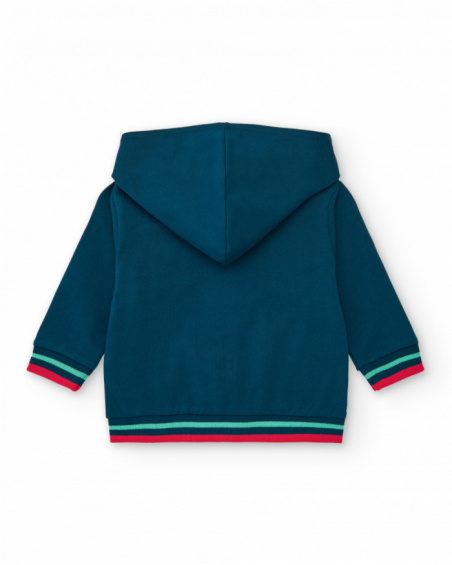 Navy blue fleece jacket for boys with red hood and crocodile print