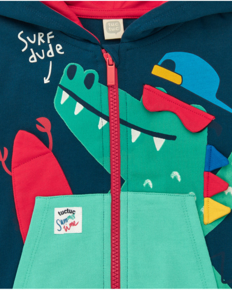 Navy blue fleece jacket for boys with red hood and crocodile print