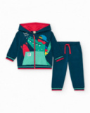 Fleece tracksuit for boys with blue sweatshirt and pants with striped cuffs