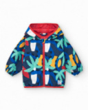 Blue windbreaker for boys with tropical print and hood
