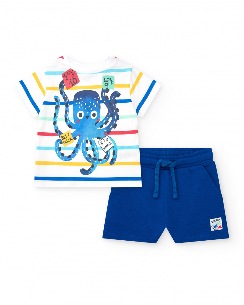 Boys' outfit with striped T-shirt and adjustable blue bermuda shorts