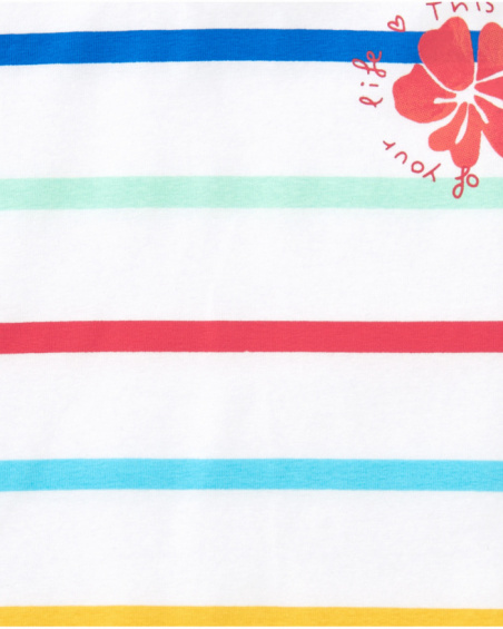 White T-shirt for girls with multicolor stripes and ruffles