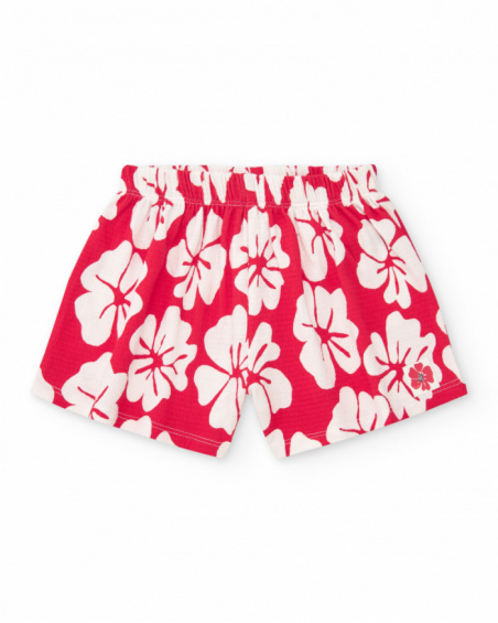 Red and white floral print shorts for girls with elastic waistband