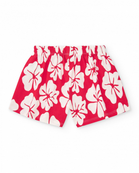 Red and white floral print shorts for girls with elastic waistband
