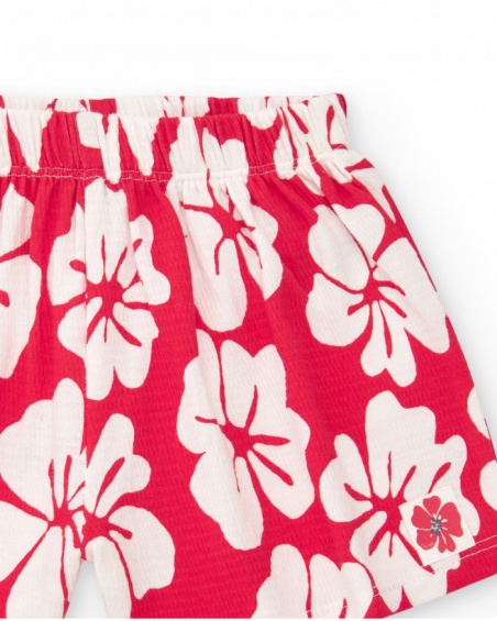 Red and white floral print shorts for girls with elastic waistband