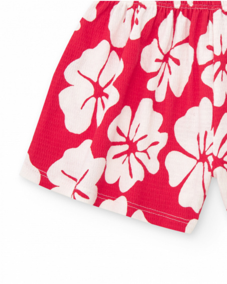 Red and white floral print shorts for girls with elastic waistband
