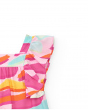 Pink poplin dress for girls with multicolor print and ruffles