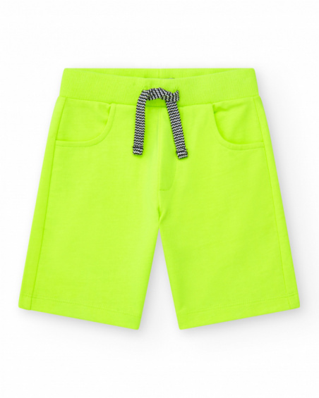 Yellow boys' Bermuda shorts with adjustable waist and pockets.