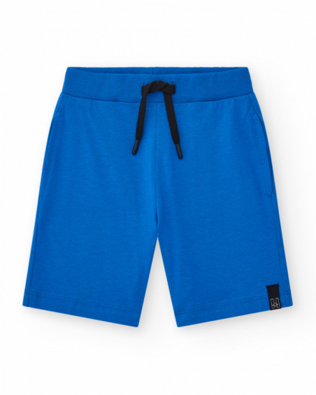 Blue boys' Bermuda shorts with adjustable waist and pockets.