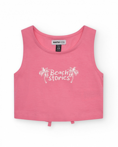 Sleeveless girls' T-shirt with a palm tree print.