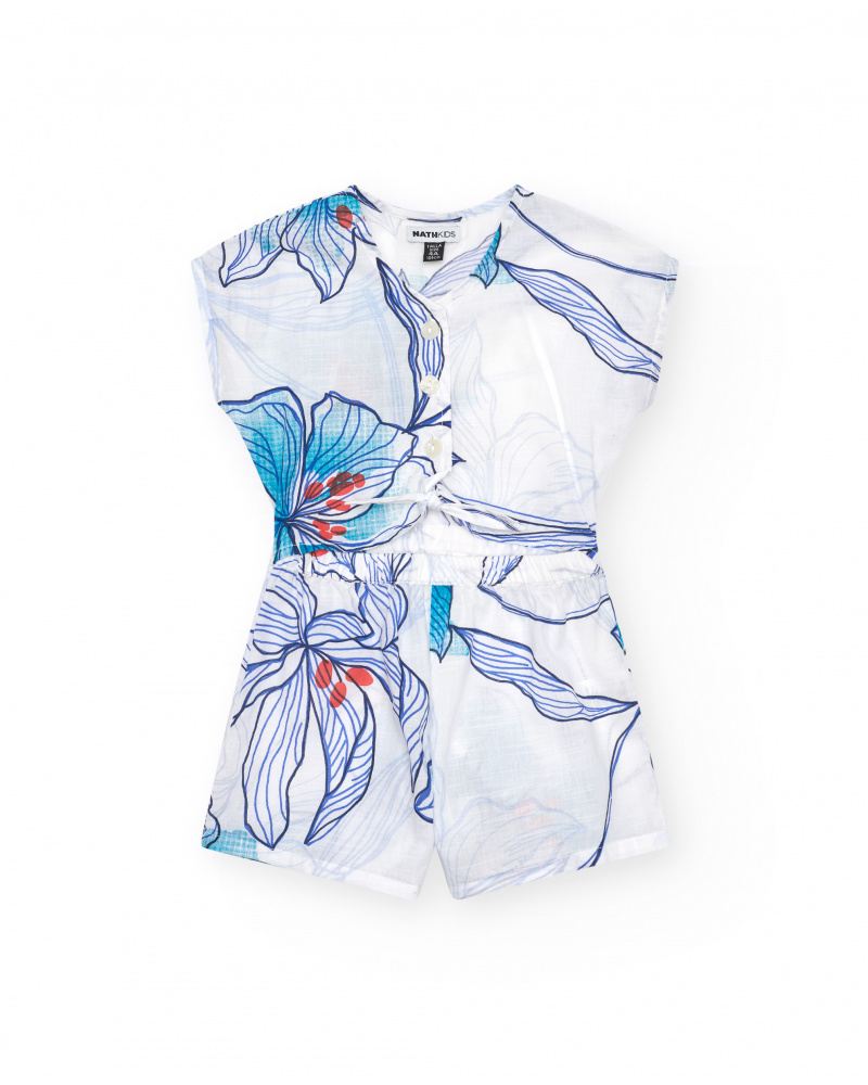 White girls' short jumpsuit with an elastic waistband and a floral print.
