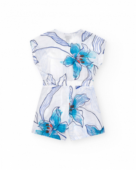 White girls' short jumpsuit with an elastic waistband and a floral print.