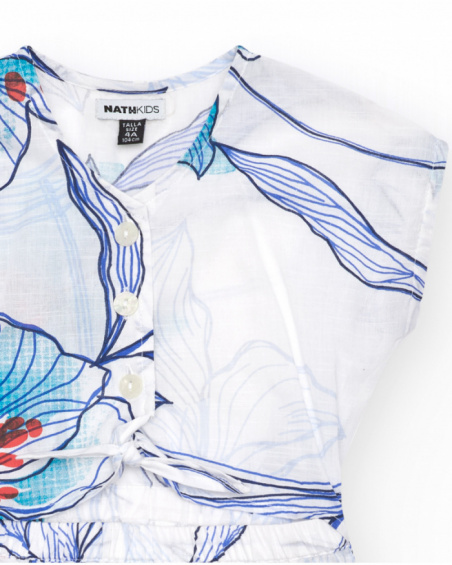 White girls' short jumpsuit with an elastic waistband and a floral print.