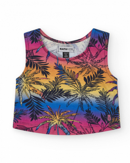Girls' sleeveless top with a tropical print.