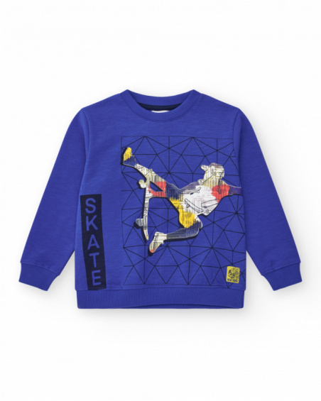 Boys' sweatshirt in blue with ribbed cuffs and a round neckline.