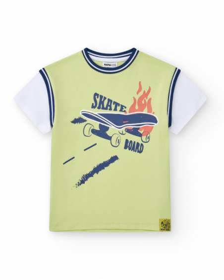 Boys' T-shirt in green with white sleeves and bold text.