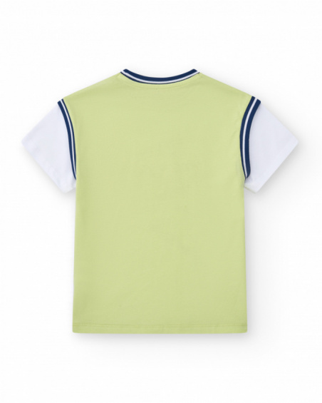 Boys' T-shirt in green with white sleeves and bold text.