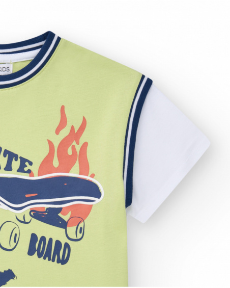 Boys' T-shirt in green with white sleeves and bold text.