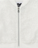 Girls' jacket in white with sequins and a front zipper closure.