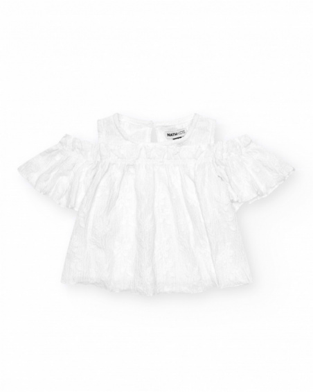Girls' top in white with wide sleeves and off-the-shoulder design.