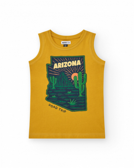 Boys' sleeveless T-shirt in mustard with a desert-themed print.