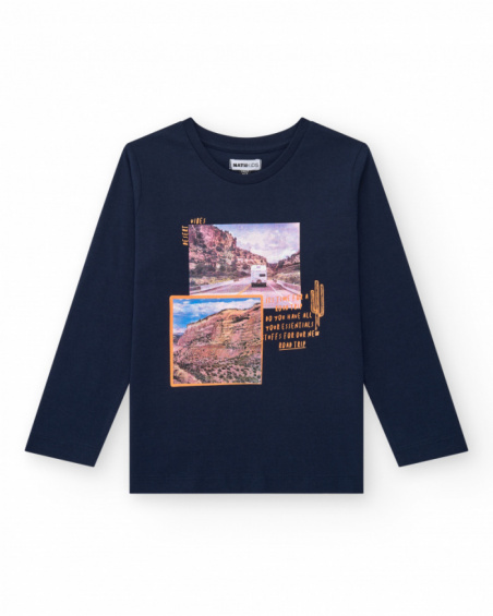 Boys' long-sleeve T-shirt in blue with an adventure-themed design.