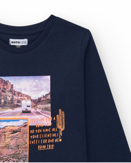 Boys' long-sleeve T-shirt in blue with an adventure-themed design.