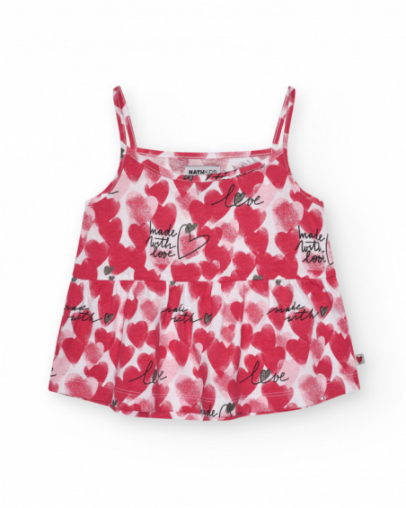 Sleeveless T-shirt for girls in red and white with printed hearts.