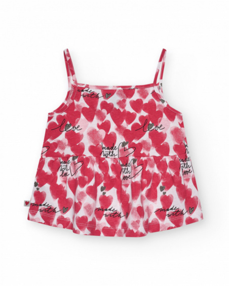 Sleeveless T-shirt for girls in red and white with printed hearts.