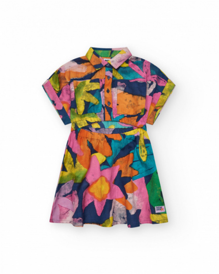 Multicolor dress for girls with a shirt collar and button closure.
