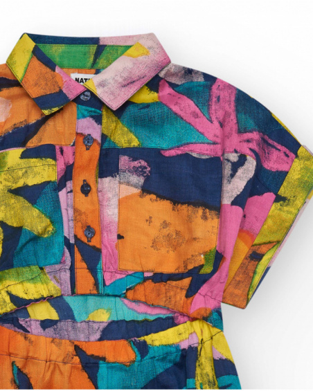 Multicolor dress for girls with a shirt collar and button closure.