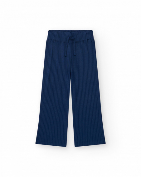 Blue pants for girls with an elastic waistband and adjustable drawstring.