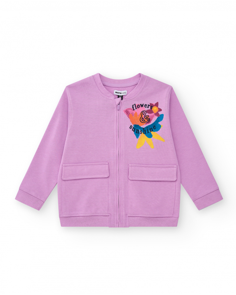 Lilac sweatshirt for girls with front pockets and zipper closure.