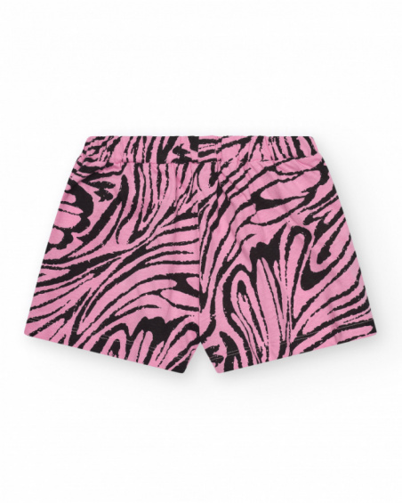 Pink shorts for girls with an animal print and an elastic waistband.