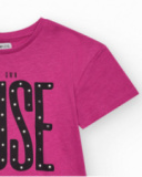 Pink short-sleeve T-shirt for girls with a front message. Pink short-sleeve T-shirt for girls with a front message.