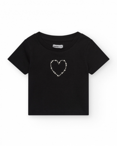 Black short-sleeve T-shirt for girls with a shiny heart.