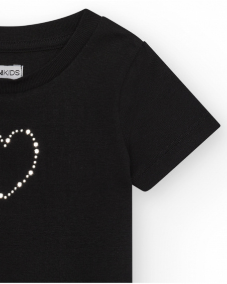 Black short-sleeve T-shirt for girls with a shiny heart.