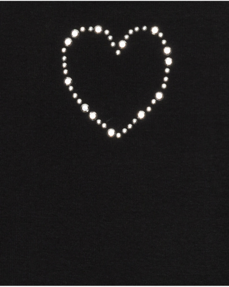 Black short-sleeve T-shirt for girls with a shiny heart.