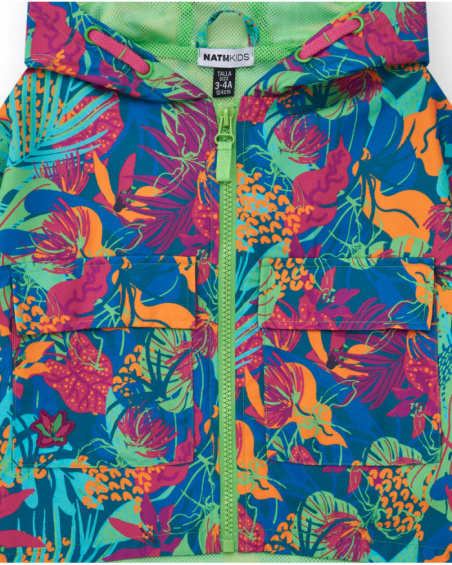 Tropical-print windbreaker for girls with a hood and zipper.