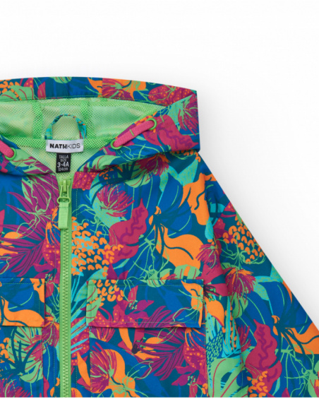 Tropical-print windbreaker for girls with a hood and zipper.