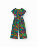 Tropical-print jumpsuit for girls with front buttons and side openings.
