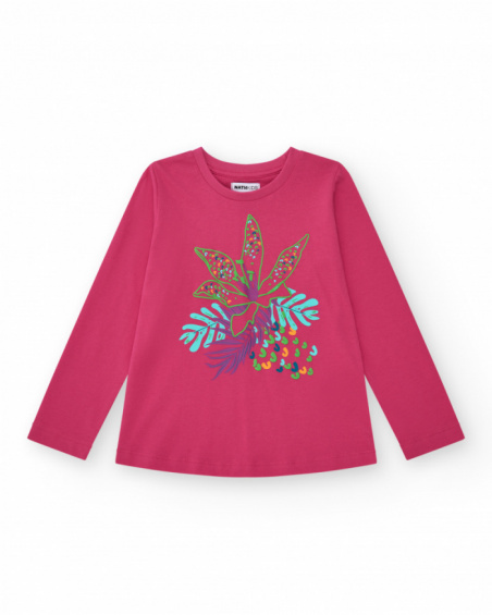 Fuchsia long-sleeve T-shirt for girls with a tropical print.