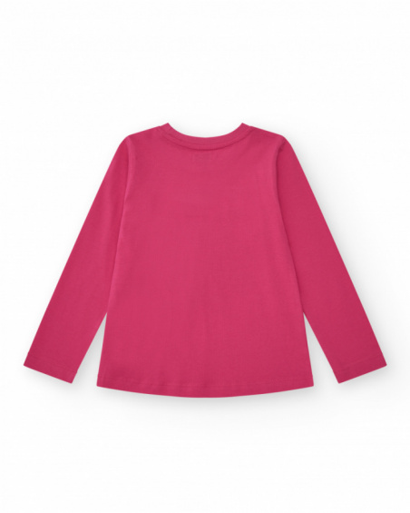 Fuchsia long-sleeve T-shirt for girls with a tropical print.