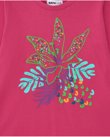 Fuchsia long-sleeve T-shirt for girls with a tropical print.