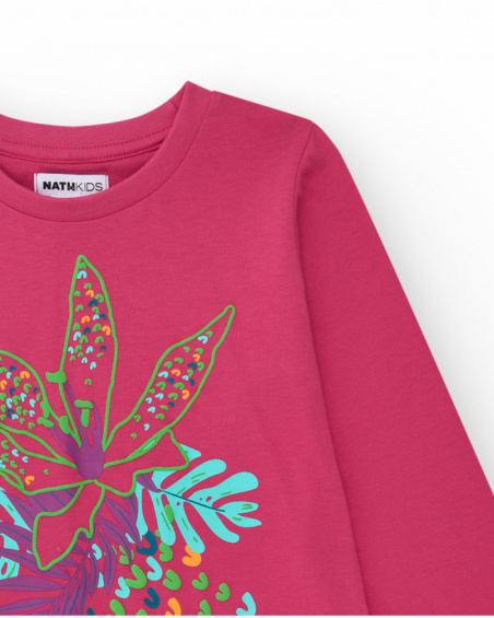 Fuchsia long-sleeve T-shirt for girls with a tropical print.