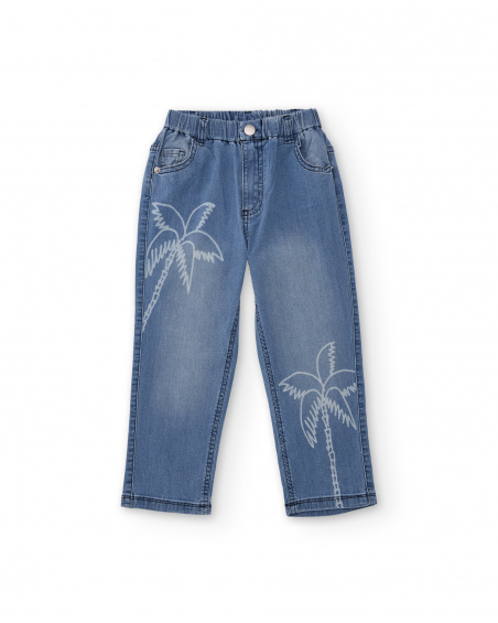 Pantalón vaquero para niño en azul con estampado de palmeras
