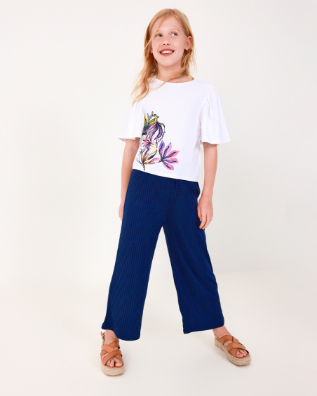 Blue pants for girls with an elastic waistband and adjustable drawstring.